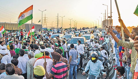 Farmers block traffic at Ghazipur border on Friday after BKU leader Rakesh Tikait’s convoy was attacked in Rajasthan’s Alwar | pti
