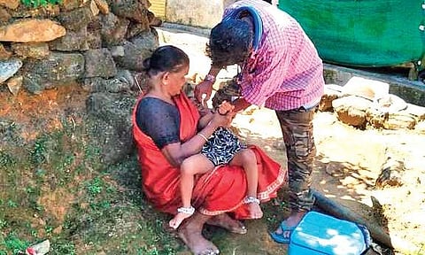 Seethathodu PHC medical officer Dr J Vincent Xavier conducting immunisation programme in Gavi last week | SHAJI VETTIPURAM