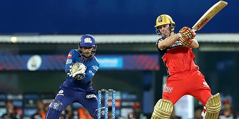 AB de Villiers plays a shot during Vivo Indian Premier League 2021 match between Mumbai Indians and RCB. (Photo | PTI)