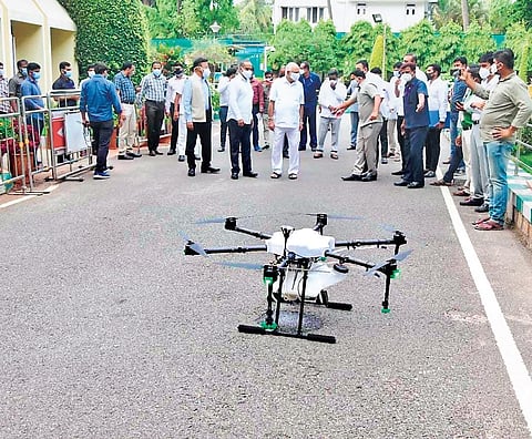 Chief Minister B S Yediyurappa launches a drone-based sanitation initiative for Bengaluru on Friday | Express
