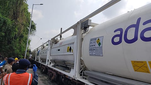 The first Oxygen Express for Karnataka reached the Inland Container Depot at Whitefield with 120 tonnes of Oxygen. (Photo | EPS)