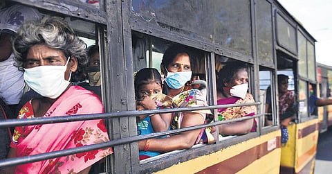 File photo of women in an MTC bus near Pallavan House in Chennai | express