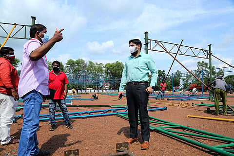 The temporary first-line treatment centre with 1,000 oxygen beds being constructed at BPCL Ambalamugal Refinery School | Express