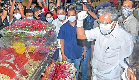 Chief Minister Pinarayi Vijayan paying homage to veteran Communist leader K R Gouri at Ayyankali Hall in Thiruvananthapuram on Tuesday | B P Deepu