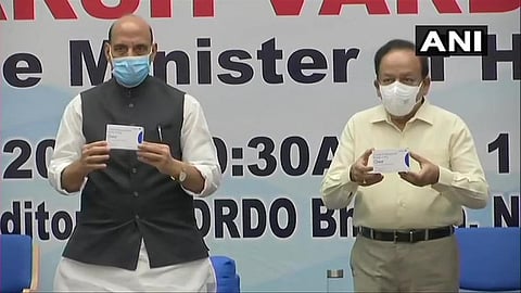 Defence Minister Rajnath Singh and Union Health Minister Dr Harsh Vardhan release first batch of Anti-COVID drug 2DG developed by DRDO (Photo | ANI)