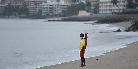 Lifeguard patrol at Dadar Chowpatty due to formation of Cyclone Tauktae in the Arabian Sea in Mumbai. (Photo | PTI)