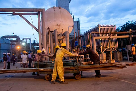 Workers at the oxygen plant in Thoothukudi's Sterlite Copper unit. (Photo | Express)