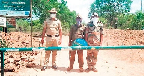 Forest Department personnel of Karnataka man a check-post on the Karnataka and Tamil Nadu border to stop people from entering the state | Express