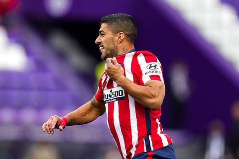 Atletico Madrid's Luis Suarez celebrates after scoring goal during match against Valladolid at Jose Zorrilla stadium in Valladolid, Spain, Saturday, May 22, 2021. (Photo | AP)