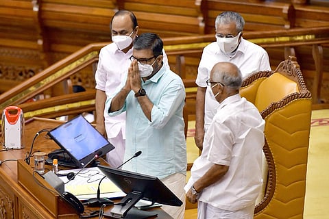 New Speaker MB Rajesh greeting the house after his election. (Photo | Express)