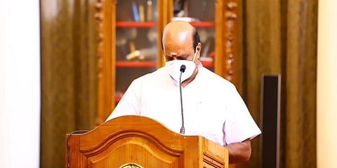 K Lakshminarayanan takes charge as the pro tem speaker of Puducherry Legislative Assembly on Wednesday in the presence of Lt Gov Tamilisai soundarrajan and CM N Rangasamy. (Photo | Express)