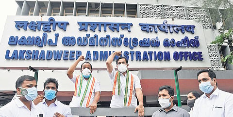 Congress MPs TN Prathapan and Hibi Eden protest outside the Lakshadweeep admin office in Kochi | ALBIN MATHEW