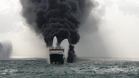 Indian Coast Guard ships and Sri Lankan tugs are battling the blaze in the vessel near Colombo (Photo: Indian Coast Guard)