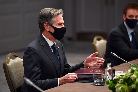 US Secretary of State Antony Blinken during bilateral talks with Japan's Foreign Minister Toshimitsu Motegi on the sidelines of a G7 foreign ministers meeting. (Photo | AP)