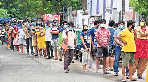 People waiting for their turn to get vaccinated at a special camp at Triplicane in Chennai (Photo | R Satish Babu/EPS)