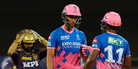 Sanju Samson and Shivam Dube of Rajasthan Royals chat during their IPL 2021 match vs Kolkata Knight Riders in Mumbai. (Photo| ANI)