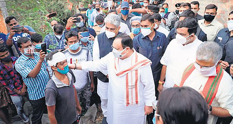 BJP national president J P Nadda accompanied by party leaders meets victims of post-poll violence in West Bengal’s Sonarpur on Tuesday | PTI