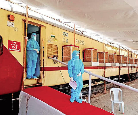 Health workers at a railway coach care centre in Ajni station in Nagpur. (Photo | PTI)