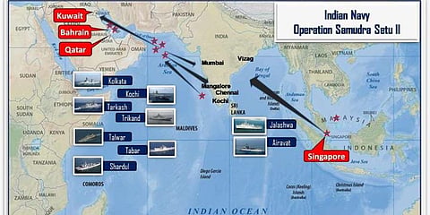 INS Talwar ferried two 27-ton liquid oxygen tanks from Bahrain, and INS Kolkata is carrying two 27-ton oxygen tanks, 400 oxygen cylinders and 47 concentrators. (Photo | Indian Navy)