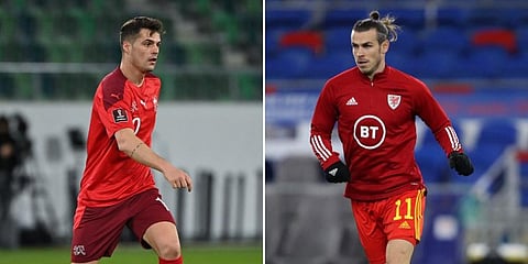 Switzerland's Granit Xhaka (L) and Wales' Gareth Bale. (File Photos | AFP)