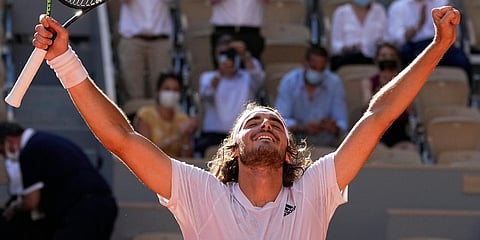 Stefanos Tsitsipas of Greece celebrates as he defeats Germany's Alexander Zverev during their semifinal match of the French Open tennis tournament. (Photo| AP)