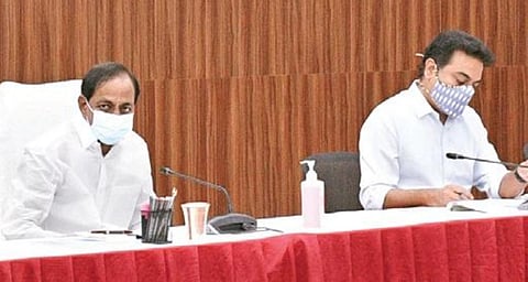 Chief Minister K Chandrasekhar Rao speaks at during a review meeting, at Pragathi Bhavan in Hyderabad on Sunday
