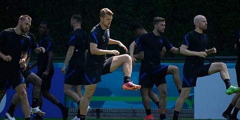Matthijs de Ligt, in sunlight, exercises during the training of the Netherlands team in Zeist, a day before the Euro 2020 group C match between The Netherlands and Austria. (Photo | AP)