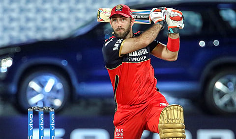 Glenn Maxwell of Royal Challengers Bangalore plays a shot during match against Sunrisers Hyderabad at the M. A. Chidambaram Stadium, in Chennai, Wednesday, April 14, 2021. (Photo | PTI)