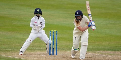 England's Sophie Ecclestone plays a shot, during day two of the Women's International Test cricket match between England and India, at the Bristol County Ground, in Bristol. (Photo | AP)
