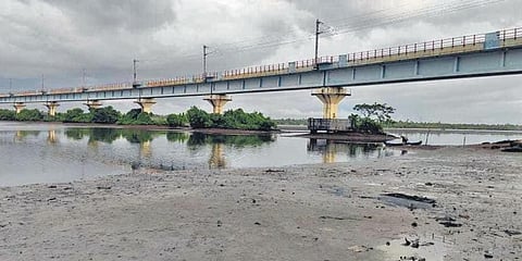 The bund built for the construction of the Vallarpadom railway bridge in 2009.