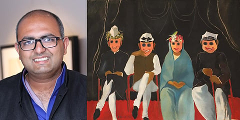 Dhoomimal Gallery director Uday Jain (L) and an artwork by BC Sanyal. (Photo| EPS)