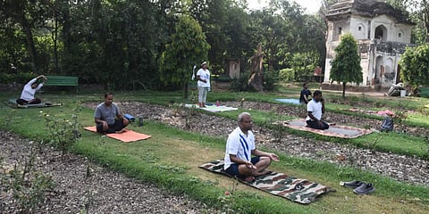 Morning walkers perform yoga on the occasion of Yoga day at Lodhi garden in New Delhi. (Photo| Parveen Negi, EPS)