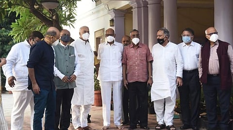 Opposition leaders after a meeting at NCP President Sharad Pawar's residence in New Delhi on Tuesday. (Photo | Parveen Negi/EPS)