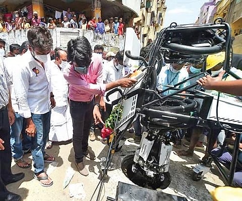 The robotic cleaning machine introduced at Chepauk Constituency doing a demonstration | Express