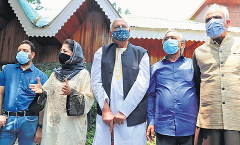 PDP chief Mehbooba Mufti, NC president Farooq Abdullah, CPI-M’s MY Tarigami address media after a meeting of Gupkar Alliance in Srinagar | Zahoor PUNJaBI