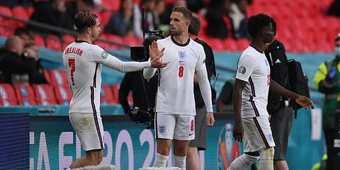 England midfielders Jack Grealish (L-R) Jordan Henderson Bukayo Saka come out for the second half against Czech Republic. (Photo | AFP)