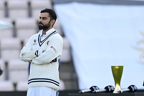 India's Virat Kohli reacts before the presentation after defeat against New Zealand on final day of WTC Final at Ageas Bowl, Southampton, England on June 23, 2021. (Photo | AFP)