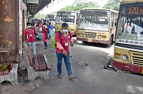 A corporation worker disinfecting Broadway Bus terminus on Thursday | Ashwin Prasath