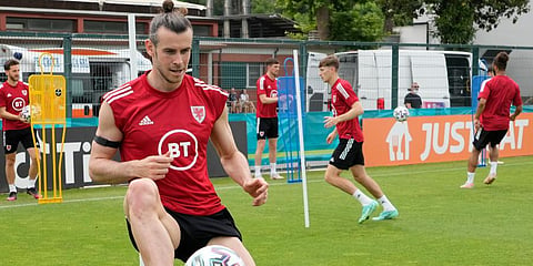 Wales' Gareth Bale controls the ball during a team training session at Rome. (Photo | AP)