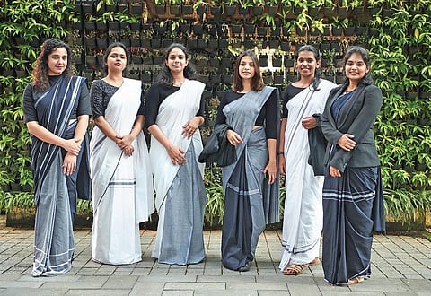 (Below, left to right) Lawyers Pooja Menon, Haritha Jayan, Parvathy Kottol, Santhi Mayadevi, Bhairavi SN, Meirra R Ezhapilly