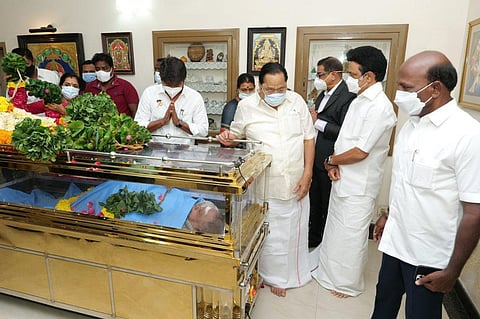 Chief Minister MK Stalin, Health Minister Ma Subramanian and senior DMK leaders including Duraimurugan paid their respects in Chennai on Saturday (Photo | Special arrangement)