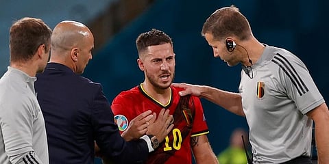 Belgium's Eden Hazard leaves the pitch after being substituted during the Euro 2020 round of 16 match between Belgium and Portugal at La Cartuja stadium in Seville. (Photo | AP)