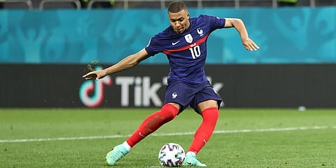 France's Kylian Mbappe misses a penalty during the shoot-out during the Euro 2020 round of 16 match between France and Switzerland at the National Arena Stadium, in Bucharest. (Photo | AP)