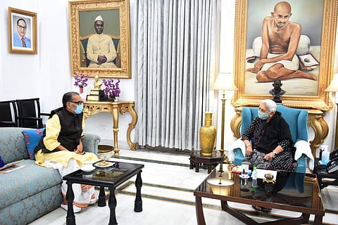 BJP national vice-president Radha Mohan Singh with UP governor Anandiben Patel. (Photo | Twitter)