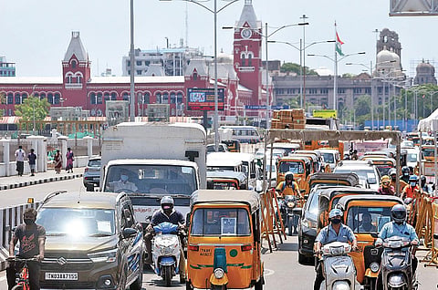 Vehicles throng the Poonamallee High Road near Central Railway Station in Chennai after relaxations kicked in on Monday