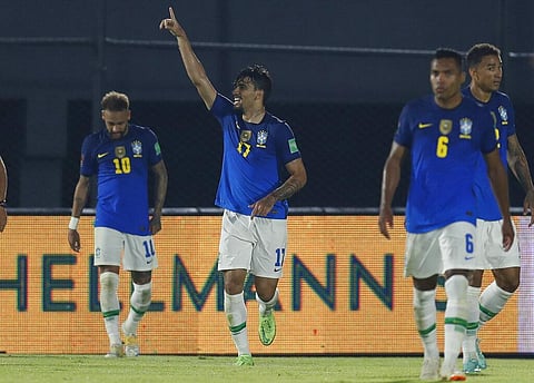Brazil's Lucas Paqueta, center, celebrates after scoring his side's 2nd goal against Paraguay during a qualifying soccer match for the FIFA World Cup Qatar 2022. (Photo | AP)