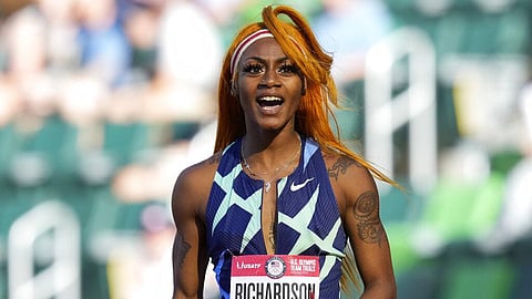 Sha'Carri Richardson celebrates after winning the first heat of the semis finals in women's 100-meter runat the U.S. Olympic Track (Photo | AP)