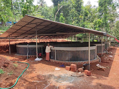 Chandran took a loan at 8% interest to build his biofloc unit in Kambalur. When Fisheries dept does not deliver seeds time, farmers incur a revenue loss of up to Rs 1.5 lakh. (Photo | Express)
