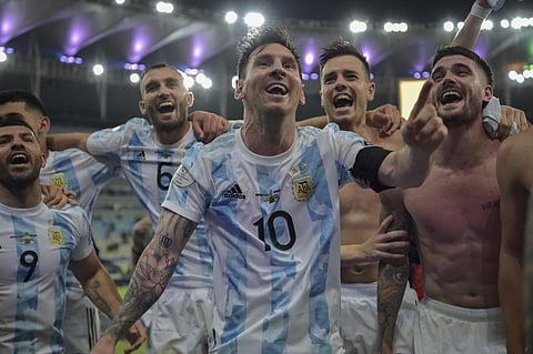 Argentina captain Lionel Messi and teammates celebrate after their summit clash against Brazil. Photo | AFP)