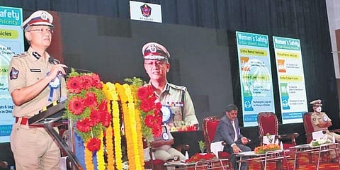 DGP Gautam Sawang speaking at an awareness workshop on Disha App in Visakhapatnam on Saturday. (Photo I EPS, G Satyanarayana)